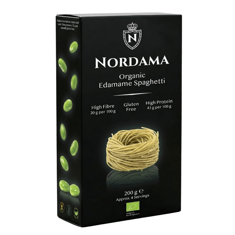 Render photo of black packaging of Nordama Edamame Spaghetti.