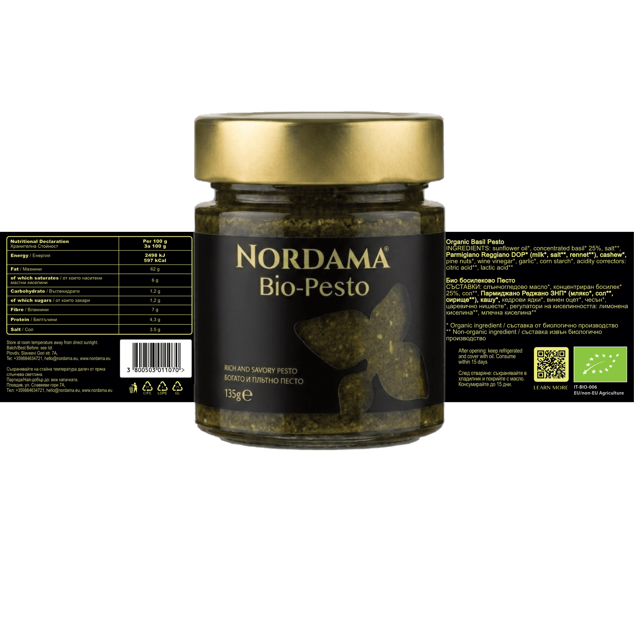 Nordama Bio-Pesto jar displayed with the full product label and nutritional information