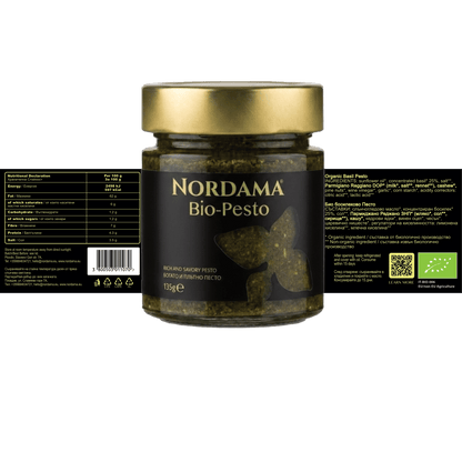 Nordama Bio-Pesto jar displayed with the full product label and nutritional information
