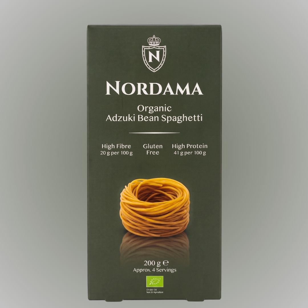 Render photo of green packaging of Nordama Adzuki Spaghetti.
