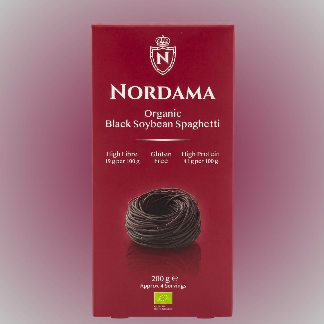 Render photo of burgundy red packaging of Nordama Black Soybean Spaghetti.