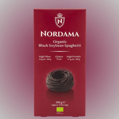 Render photo of burgundy red packaging of Nordama Black Soybean Spaghetti.