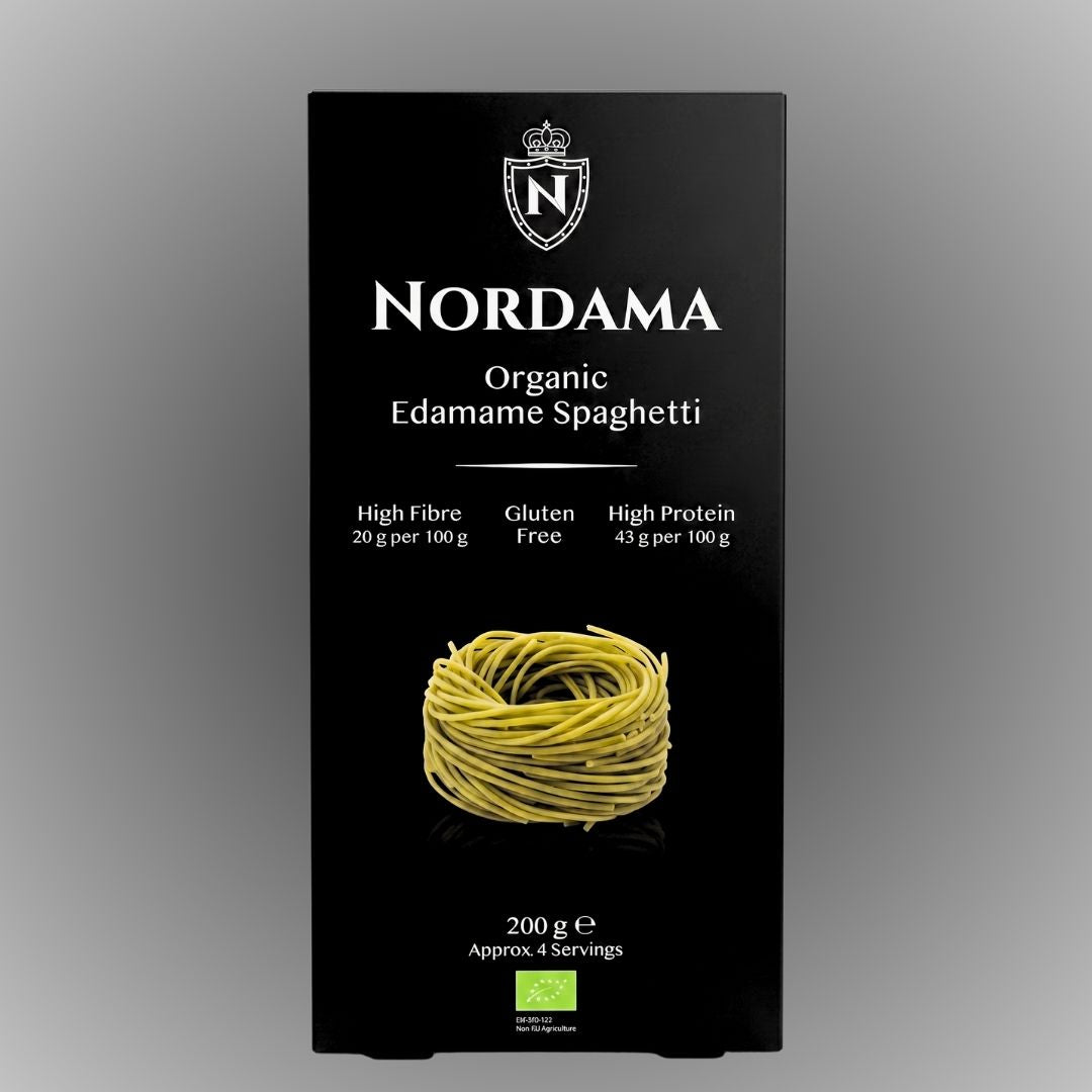 Render photo of black packaging of Nordama Edamame Spaghetti.
