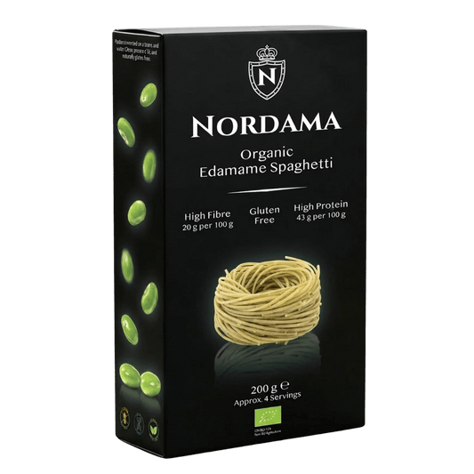 Render photo of black packaging of Nordama Edamame Spaghetti.