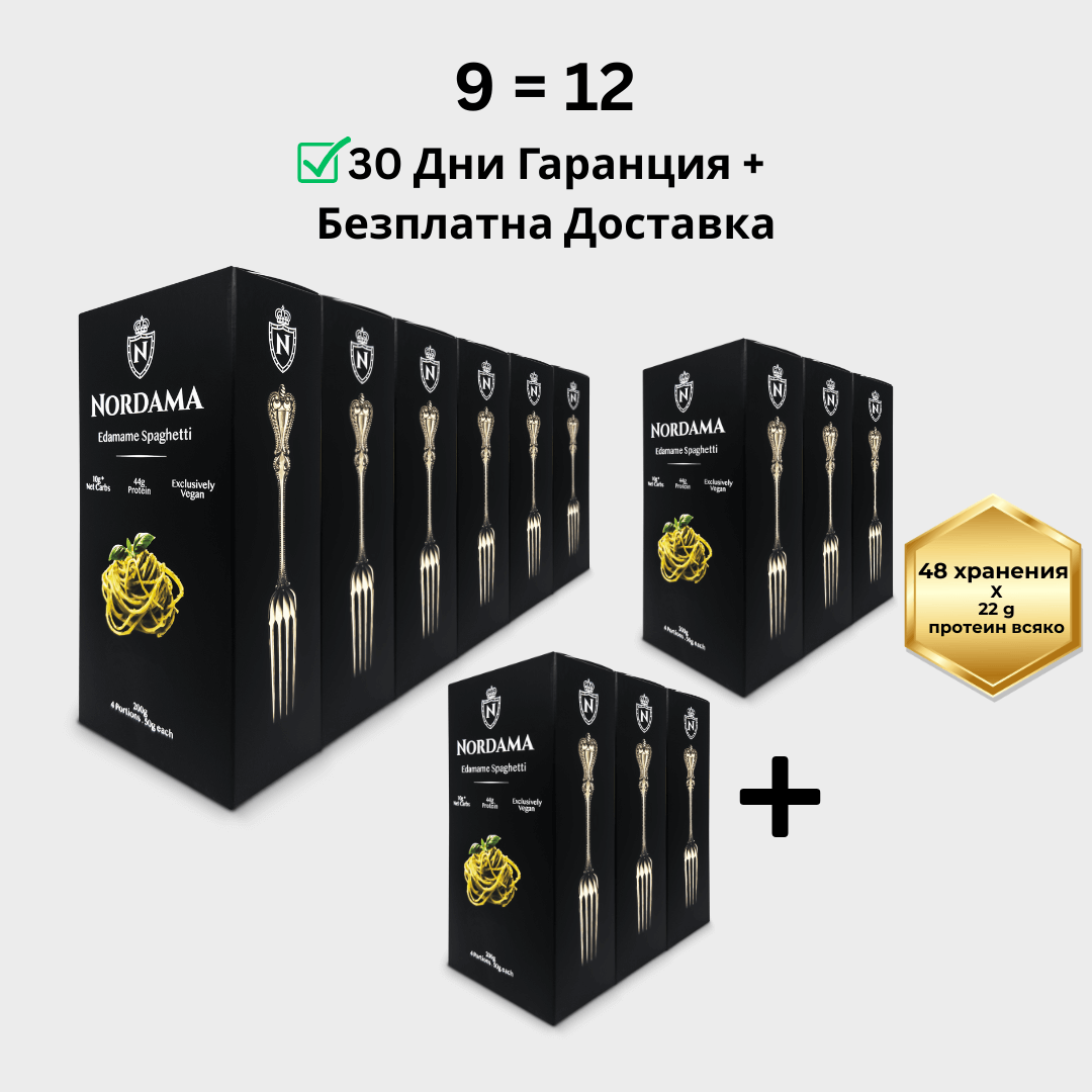 Промо пакет Nordama Едамаме Спагети – 9 кутии = 12, с 30 дни гаранция и безплатна доставка. 48 хранения с протеинова паста без глутен.