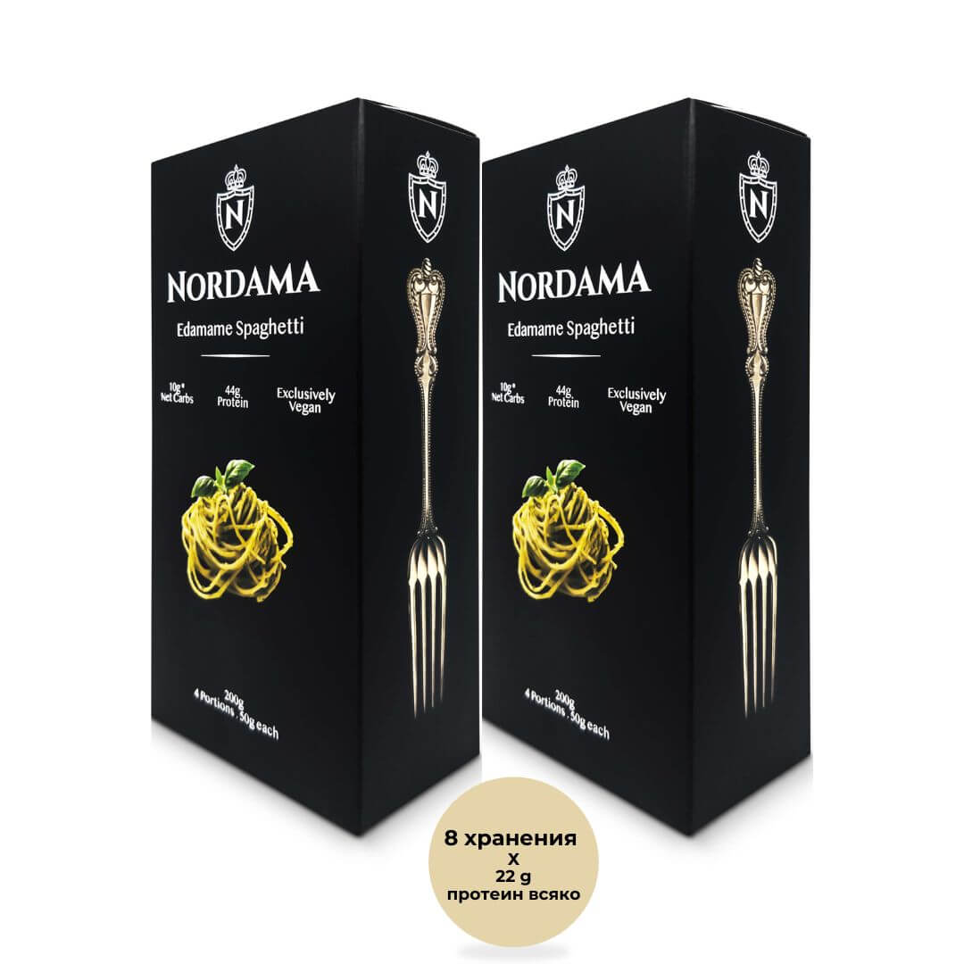 Две кутии Nordama Едамаме Спагети – 8 хранения, всяко с 22 г протеин. Премиум високопротеинова паста без глутен.