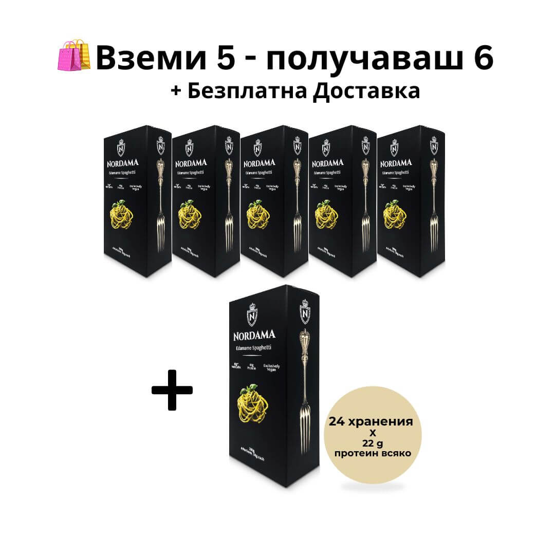 Промо пакет Nordama Едамаме Спагети – вземи 5, получаваш 6. Общо 24 хранения с високопротеинова безглутенова паста и безплатна доставка.